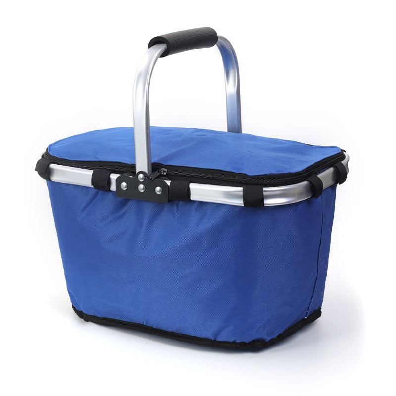Blue Foldable Insulated Picnic Basket With Zipper Lid & Handle - Modern Minimalist Large Capacity Thermal Shopping Basket for Grocery, Camping, and Meal Delivery