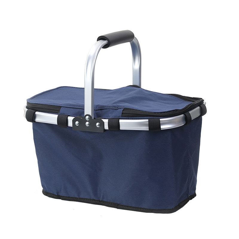 Dark Blue Foldable Insulated Picnic Basket With Zipper Lid & Handle - Modern Minimalist Large Capacity Thermal Shopping Basket for Grocery, Camping, and Meal Delivery