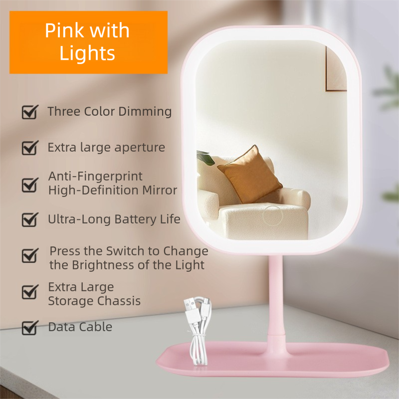 Portable LED Makeup Mirror with Integrated Fill Light & Storage Chassis - 360°Rotatable High-Definition Stylish Tabletop Vanity Mirror(Pink)