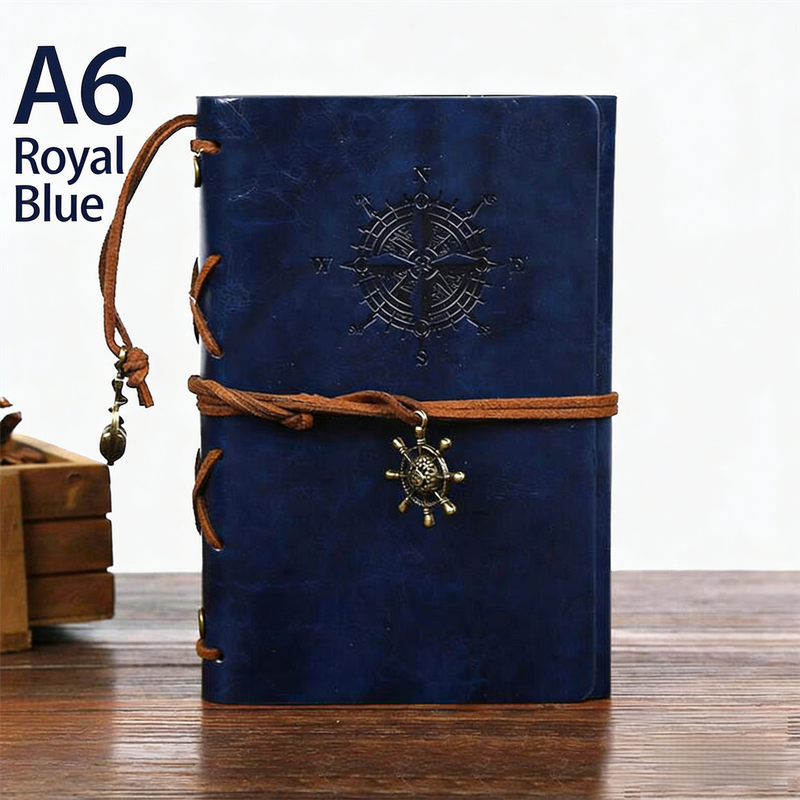 2-Pack A6 Nautical Vintage PU Leather Student Notebook - Pirate Style Strapped Diary with 150 Pages of Refillable Kraft Paper(Royal Blue)
