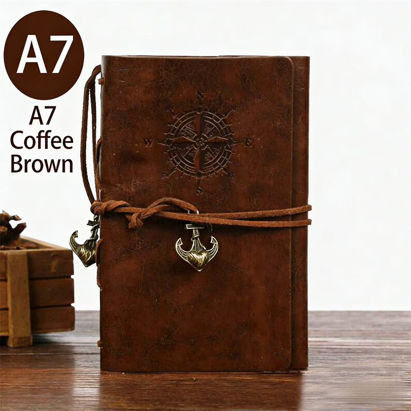 2-Pack A7 Nautical Vintage PU Leather Student Notebook - Pirate Style Strapped Diary with 150 Pages of Refillable Kraft Paper(Coffee Brown)