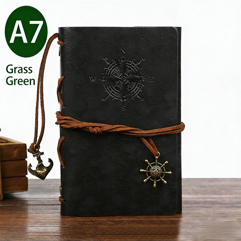 2-Pack A7 Nautical Vintage PU Leather Student Notebook - Pirate Style Strapped Diary with 150 Pages of Refillable Kraft Paper(Grass Green)