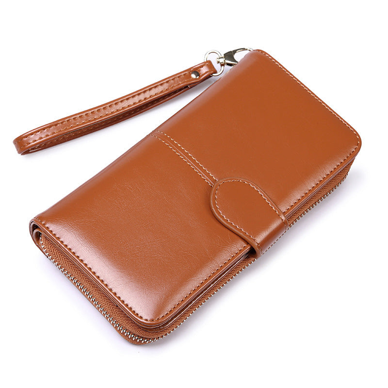 Brown Women's Long Buckle Closure Wallet - PU Lether Large Capacity Multi-Slot Card Holder & Purse Combo wIth Wristband