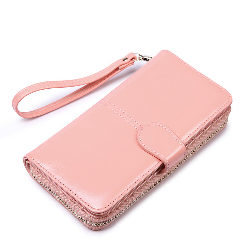 Pink Women's Long Buckle Closure Wallet - PU Lether Large Capacity Multi-Slot Card Holder & Purse Combo wIth Wristband