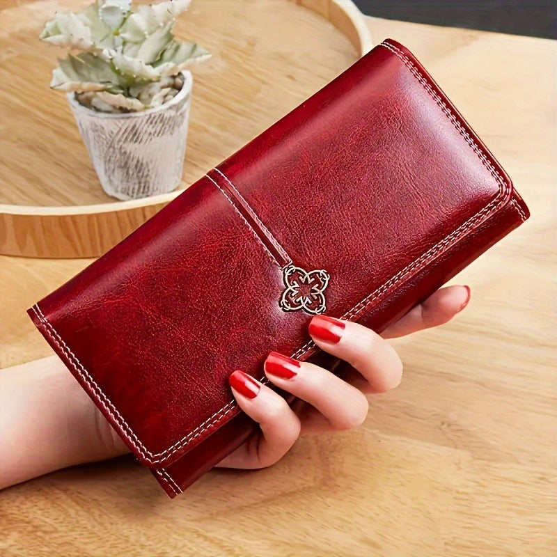 Red Women's Vintage Oil Wax Leather Long Wallet - Elegant Large Capacity Purse with Secure Zipper