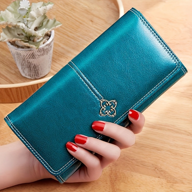 Peacock Blue Women's Vintage Oil Wax Leather Long Wallet - Elegant Large Capacity Purse with Secure Zipper