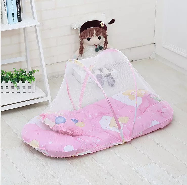 Pink Portable 3-in-1 Mosquito Net Set with Soft Sleep Pad & Pillow - Foldable Pop-Up Travel Bassinet for Infants, Breathable Shield for Indoor & Outdoor Use