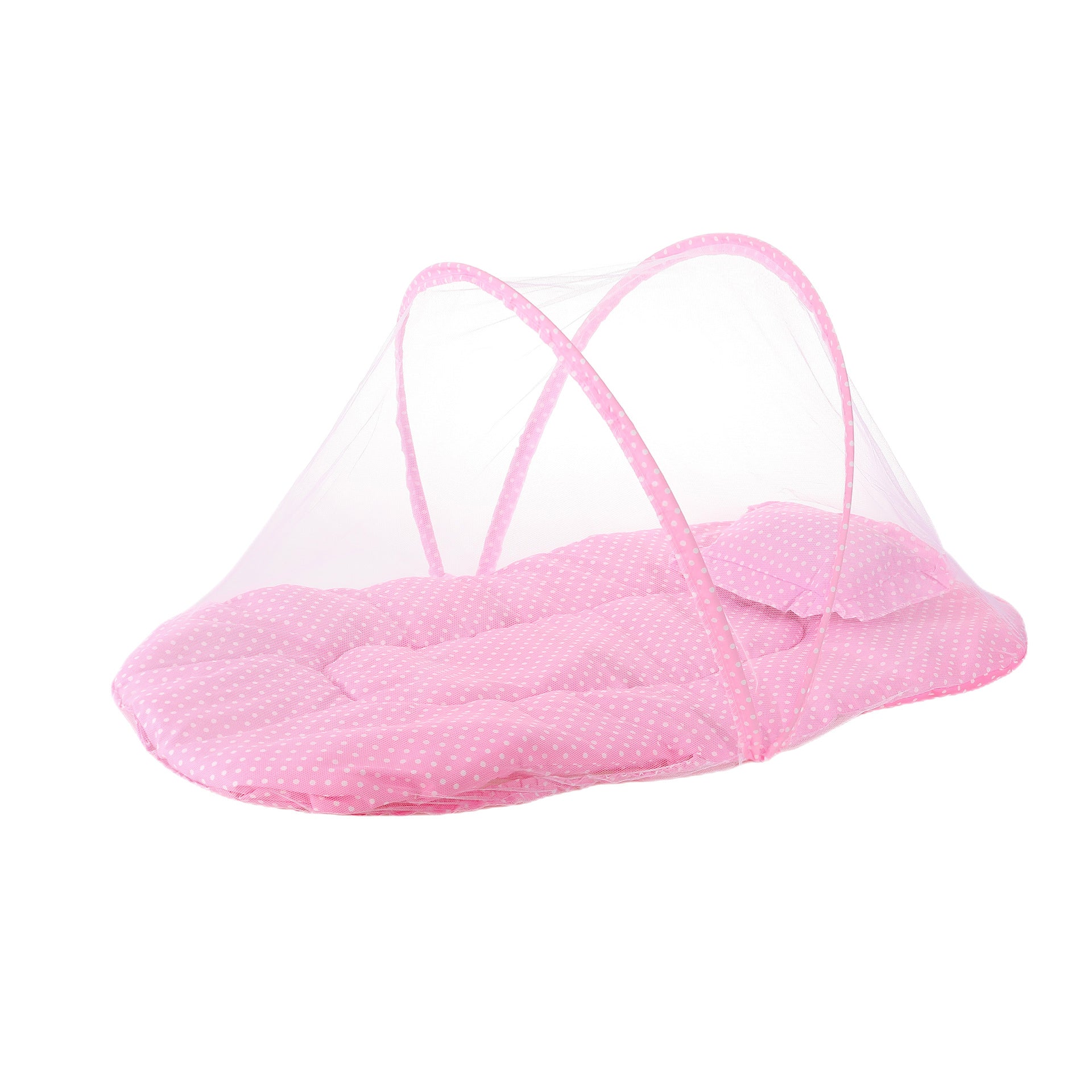 Pink Polka Dots Portable 3-in-1 Mosquito Net Set with Soft Sleep Pad & Pillow - Foldable Pop-Up Travel Bassinet for Infants, Breathable Shield for Indoor & Outdoor Use