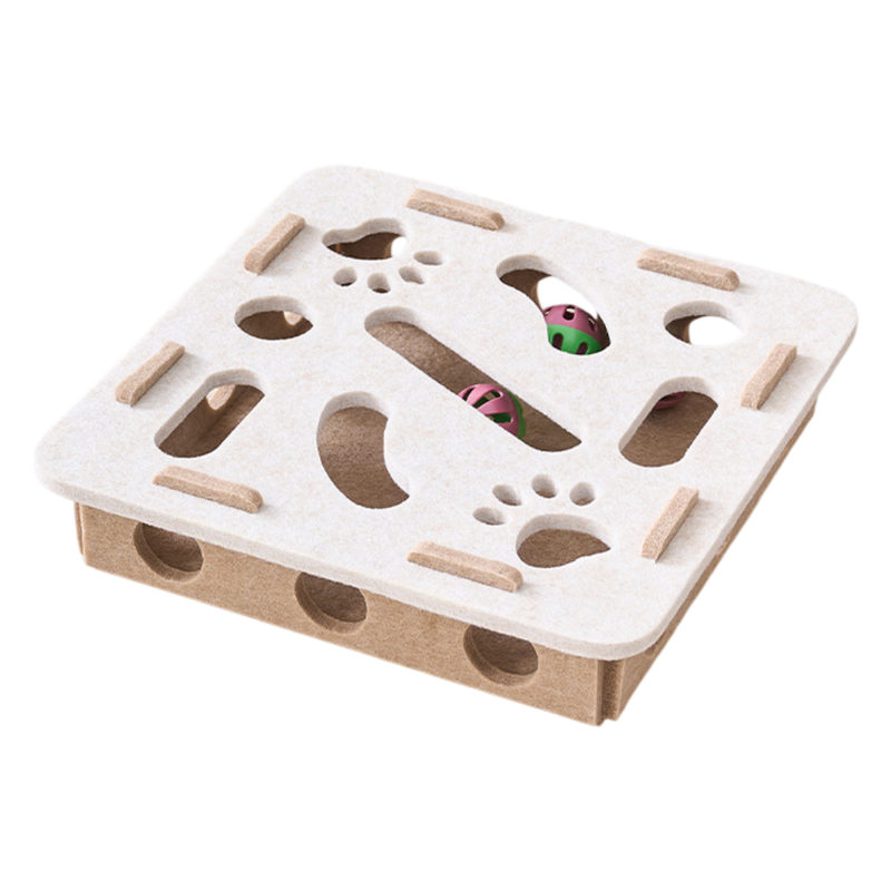 White Felt Puzzle Square Shape Box Cat Toy with 2 Metal Bell Balls - Scratch-Resistant & Interactive Hide-and-Seek Toy, Brain Stimulating Fun