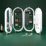 White 4-Layer Retractable Screen-Style Jewelry Display Stand With Mirror Zone - Dust-Proof Necklace & Earring Organizer Case for Vanity