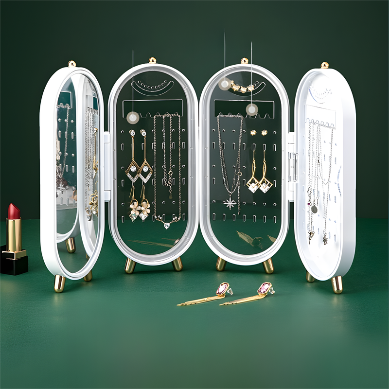 White 4-Layer Retractable Screen-Style Jewelry Display Stand With Mirror Zone - Dust-Proof Necklace & Earring Organizer Case for Vanity