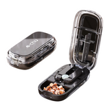 Black Portable Mini Pill Organizer with 1/2 & 1/4 Precision Cutter - 3-Compartment Daily Travel Medicine Case with Rolling Knob Lock