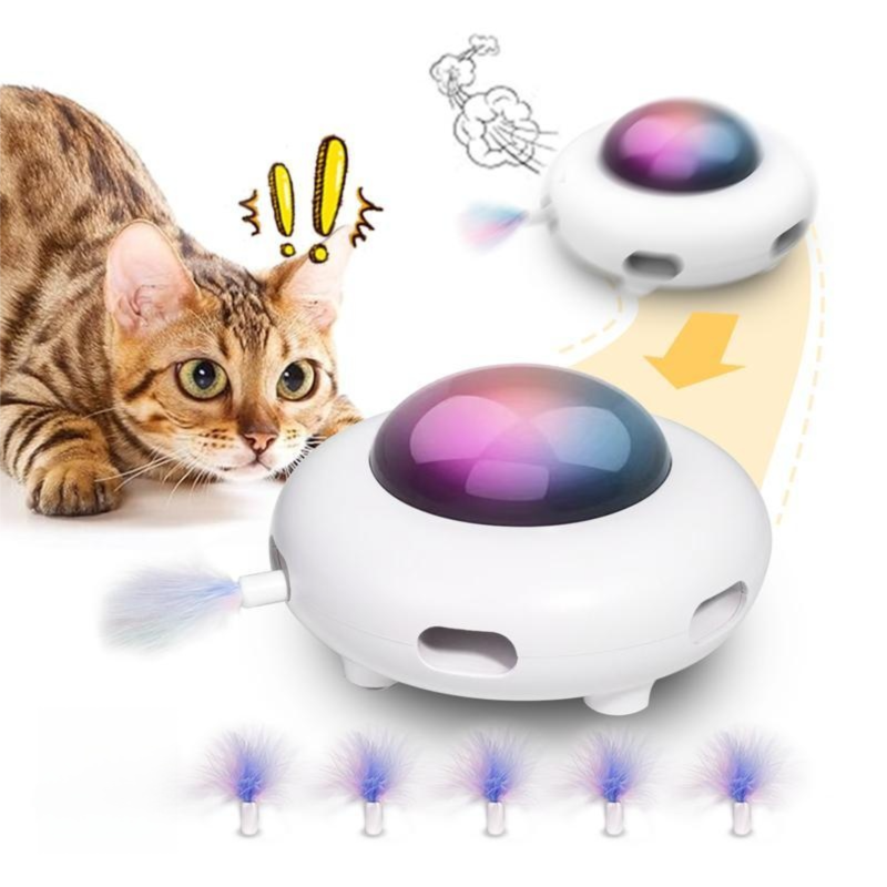 Smart Electric UFO Automatic Cat Toy - Self-Playing Teaser with 5 Rotating Feathers & Intelligent Indoor Obstacle Avoidance