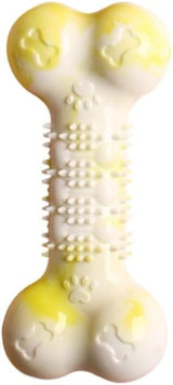 2-Pack Durable TPR Squeaky Dog Bone with Two-Tone Paw Print - Dental Health & Gum Massage Spiked Molar Toy(Yellow-White)