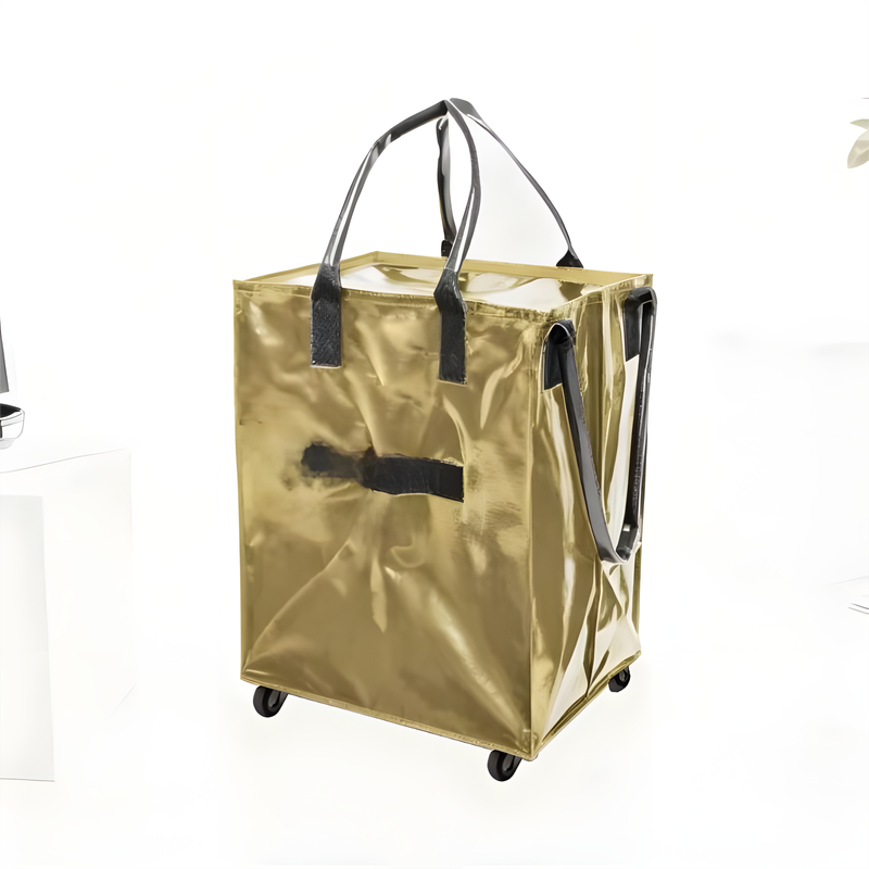 Gold Portable Folding Shopping Trolley Bag(50x40x30CM) - Durable Woven Fabric, Reusable Grocery Bag with Wheels for Effortless Travel