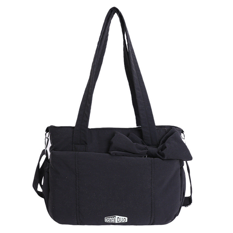 Black Puffy Quilted Nylon Hobo & Crossbody Bag with Cute Bowknot - Trendy Large-Capacity Handbag with Multiple Compartments