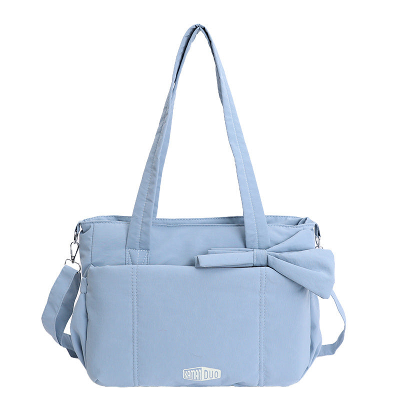 Blue Puffy Quilted Nylon Hobo & Crossbody Bag with Cute Bowknot - Trendy Large-Capacity Handbag with Multiple Compartments