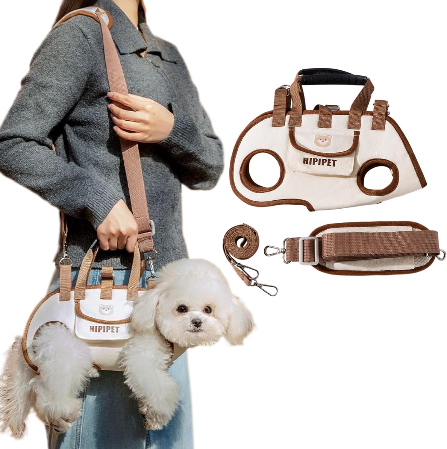 Beige 4-in-1 Multi-Functional Pet Carrier Bag with Detachable Strap & 1.5M Traction Rope - Lightweight Breathable Travel Sling for Cats & Dogs - Sizes M(Up to 6.5kg)