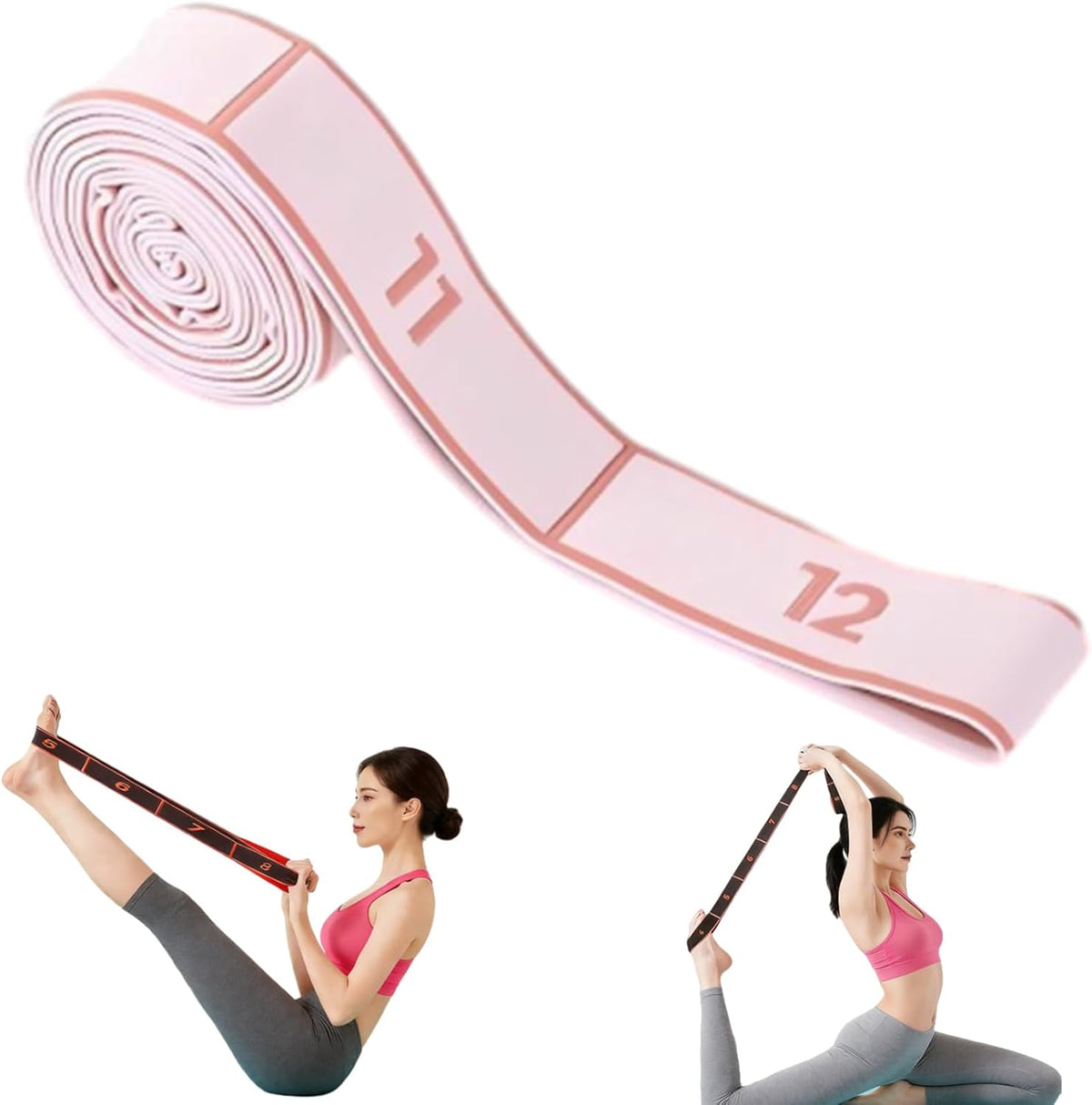 2-Pack Pink 12-Loop Numbered Yoga Stretch Strap(4x138CM) - Durable Multi-Segment Resistance Fitness Band for Pilates & Gym