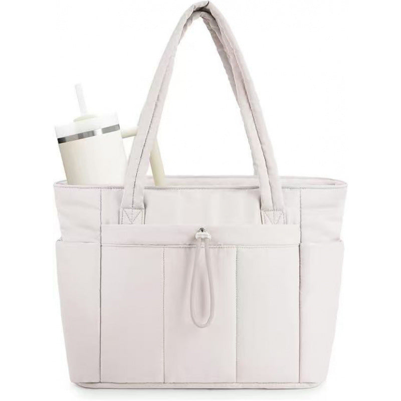 White Quilted Puffer Nylon Tote/Laptop Bag for Women with Internal Cup Holder and Front & Side Pockets - Multi-Pocket Travel Handbag Fit in 15.7" Laptop