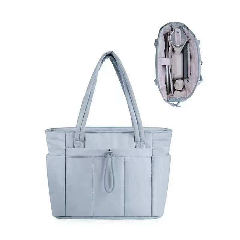 Blue Quilted Puffer Nylon Tote/Laptop Bag for Women with Internal Cup Holder and Front & Side Pockets - Multi-Pocket Travel Handbag Fit in 15.7" Laptop