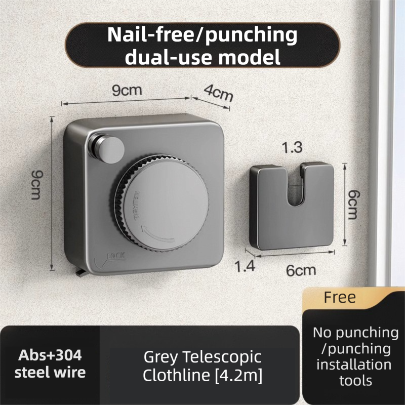 Grey 4.2M Heavy Duty Invisible Retractable Clothesline - Rustproof & Drill-Free Laundry Hanger with 20kg Load Capacity