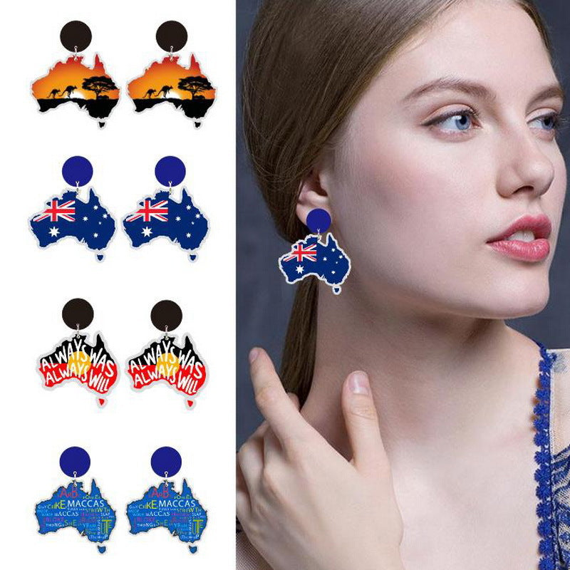 4-Pair Wooden Australia Map Silhouette Earrings - Lightweight Geometric Ear Drops, Cultural Decor Gift