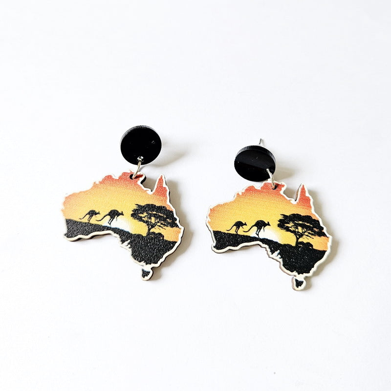 Wooden Australia Map Silhouette Earrings - Lightweight Geometric Ear Drops, Cultural Decor Gift(Style 2)