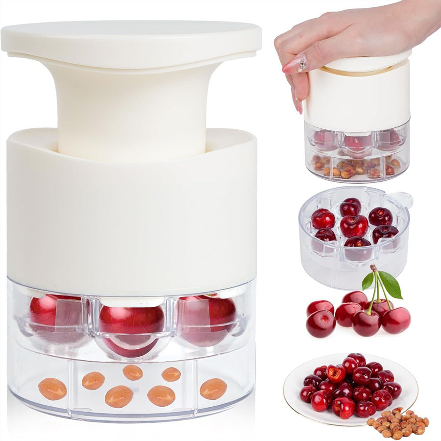 White Efficient 7-Hole Cherry Pitter Tool - Food Grade Push-Type Fruit Corer for Red Dates & Olives