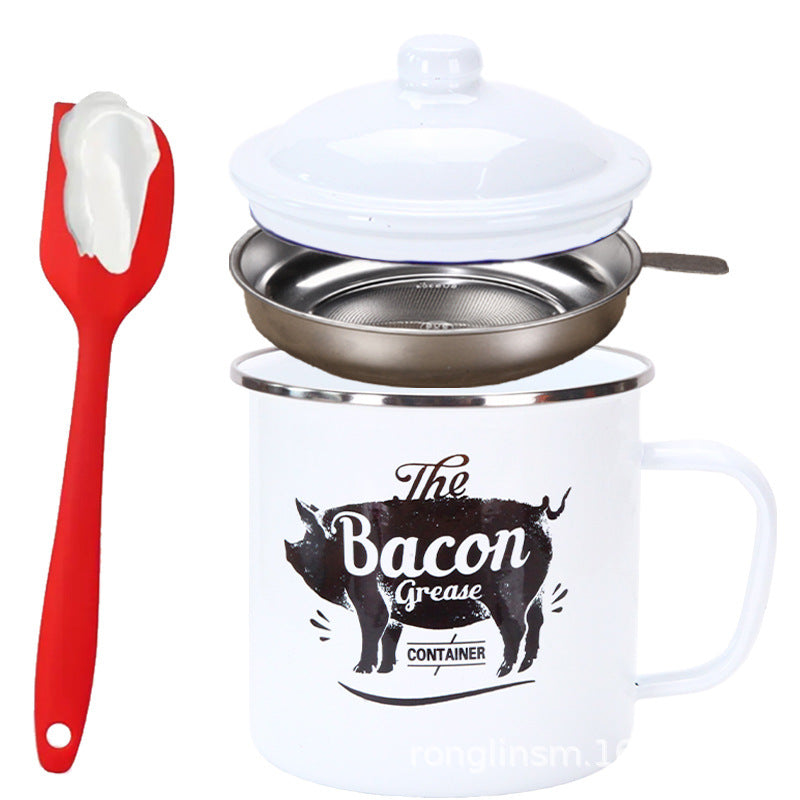 Retro 1200ML Enamel Lard Storage Jar - Acid & Alkali Resistant Oil Filter Pot with Fine Mesh Strainer & 17cm Scraping Spatula