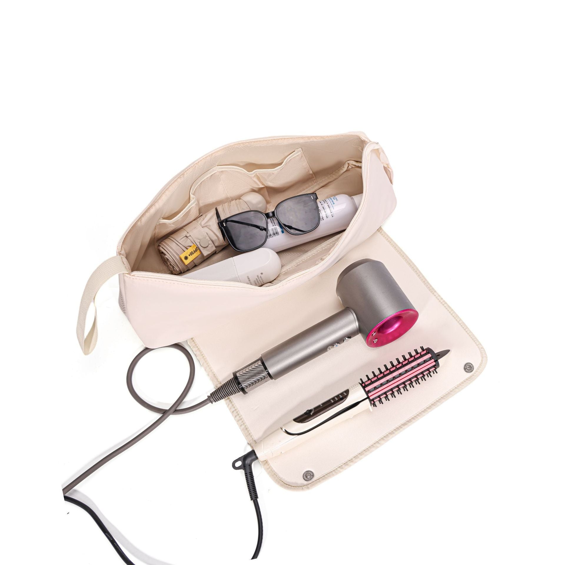 White Premium Insulated Roll-Up Travel Case for Hair Styling Tools & Blow Dryers with Muti-Pockets (18x5.5x5 Inch)
