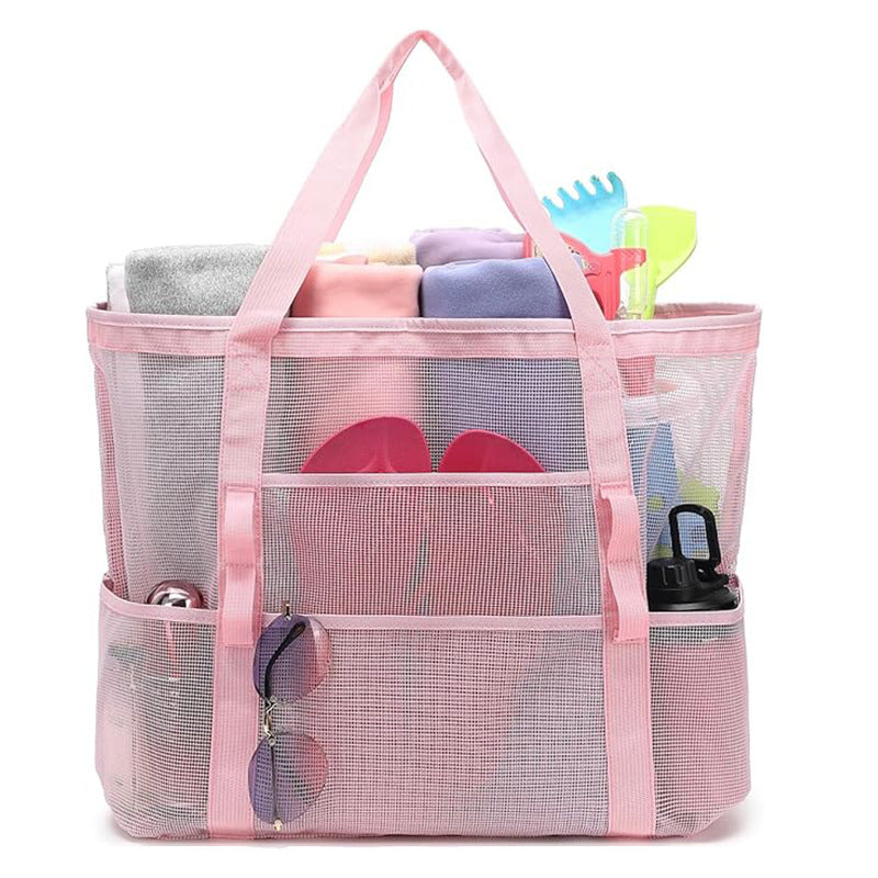 2-PCS Pink Mesh Beach Tote Bag – Large Capacity Swim Gear Organizer with Multiple Pockets for Shoes, Swimsuits, and Essentials