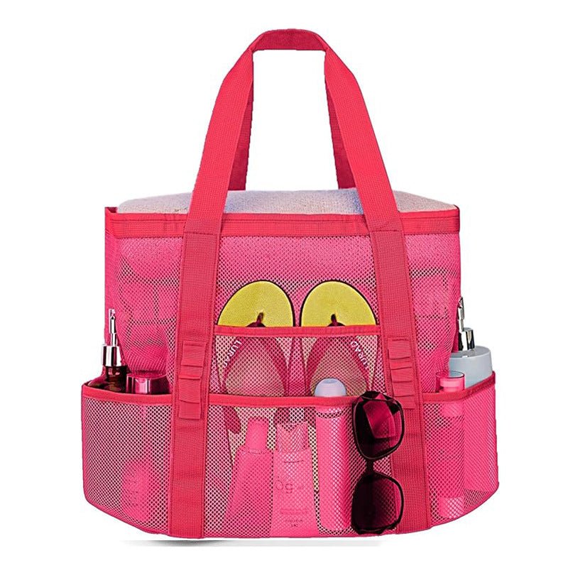2-PCS Rose red Mesh Beach Tote Bag – Large Capacity Swim Gear Organizer with Multiple Pockets for Shoes, Swimsuits, and Essentials