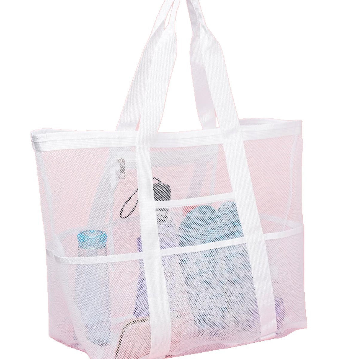 2-PCS White Mesh Beach Tote Bag – Large Capacity Swim Gear Organizer with Multiple Pockets for Shoes, Swimsuits, and Essentials
