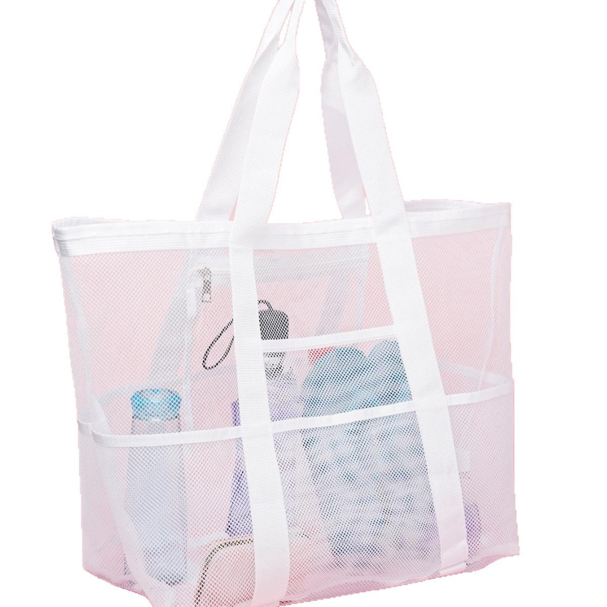 2-PCS White Mesh Beach Tote Bag – Large Capacity Swim Gear Organizer with Multiple Pockets for Shoes, Swimsuits, and Essentials