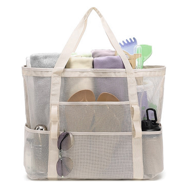 2-PCS Beige Mesh Beach Tote Bag – Large Capacity Swim Gear Organizer with Multiple Pockets for Shoes, Swimsuits, and Essentials