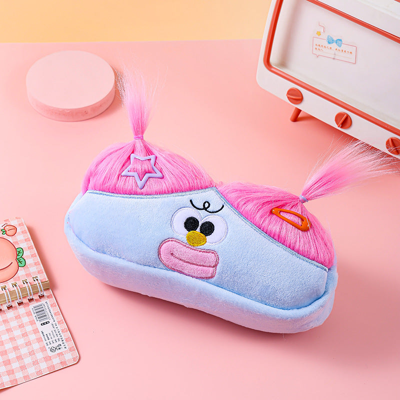 Blue Funny Plush Big Eye Monster Pencil Case with DIY Messy Hair Large Capacity Stationery Pouch for Australian Students and School Gift