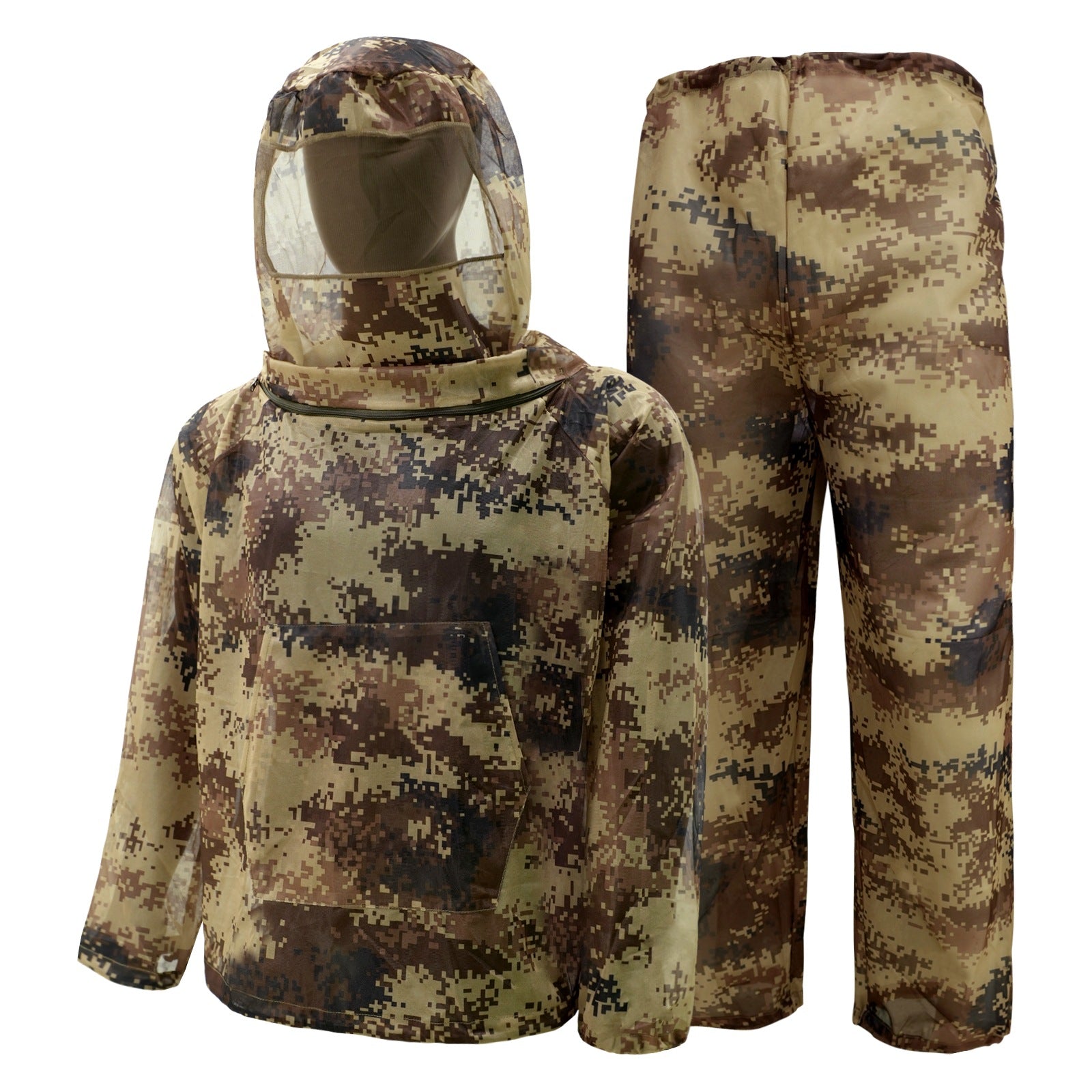 Desert Digital Camouflage Mosquito Repellent Suit Ultra-Fine Mesh Hooded Ghillie Suit for Outdoor Hunting Camping Fishing and Beekeeping(XL/XXL)