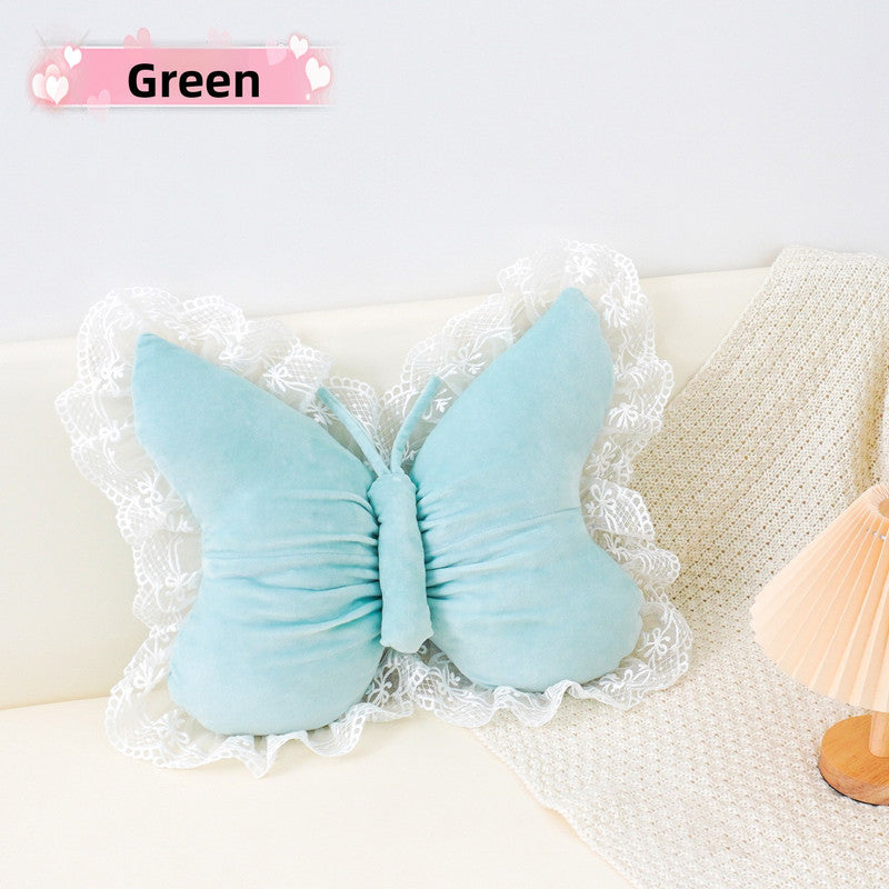 Green Elegant Butterfly Lace Throw Pillow 60x45cm Soft Decorative Cushion for Sofa Bedroom Office and Car Comfort Backrest Accessory
