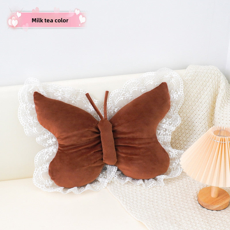Brown Elegant Butterfly Lace Throw Pillow 60x45cm Soft Decorative Cushion for Sofa Bedroom Office and Car Comfort Backrest Accessory