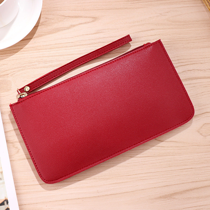 Red Women's Soft PU Leather Double-Layer Zip Wallet with Wrist Strap – Spacious Card, Cash and Phone Holder for Students and Everyday Use in Australia