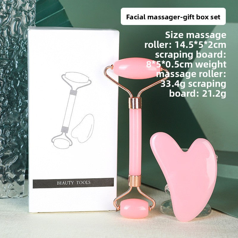 Pink Dual-Head Resin Facial Roller and Heart-Shaped Gua Sha Set for Home SPA Skincare and Face Neck Massage