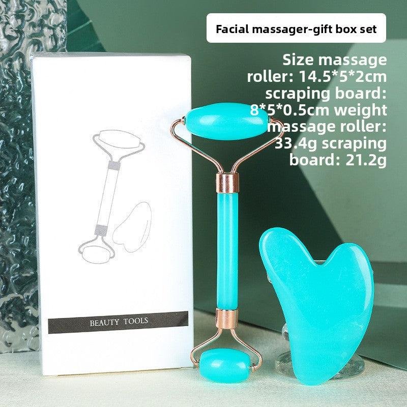 Light blue Dual-Head Resin Facial Roller and Heart-Shaped Gua Sha Set for Home SPA Skincare and Face Neck Massage