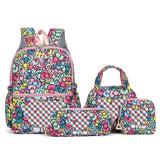 Flower-Patterned Cloth 4-Piece Large Capacity School Backpack Set for Primary Students Years 3-6 Durable Nylon Lightweight Rucksack with Handbag for Daily Australian School Life