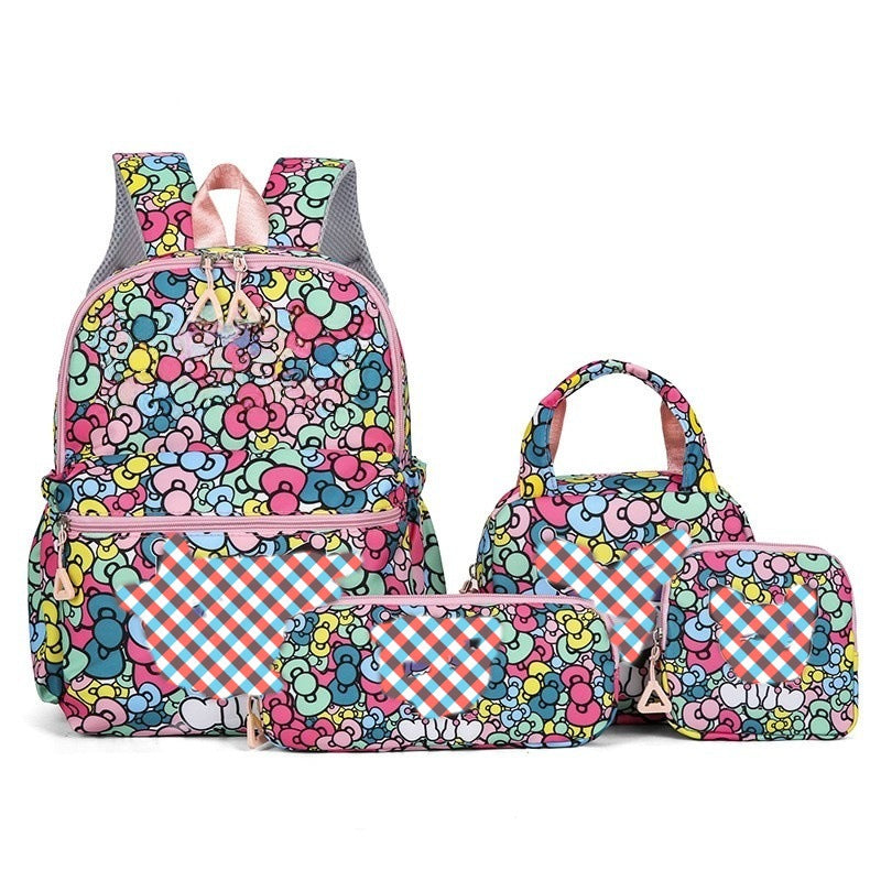 Flower-Patterned Cloth 4-Piece Large Capacity School Backpack Set for Primary Students Years 3-6 Durable Nylon Lightweight Rucksack with Handbag for Daily Australian School Life