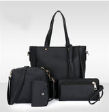 Black 4-Piece Women Bag Set Lychee Grain PU Leather Large Capacity Tote Shoulder Bag Crossbody Clutch and Card Holder for Daily Travel and Work Use