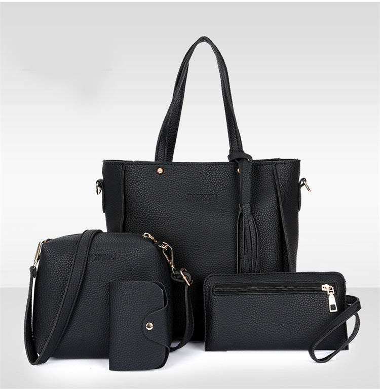 Black 4-Piece Women Bag Set Lychee Grain PU Leather Large Capacity Tote Shoulder Bag Crossbody Clutch and Card Holder for Daily Travel and Work Use