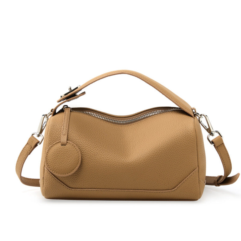 Caramel color Women Genuine First Layer Cowhide Boston Bag Fashionable Handheld Crossbody Shoulder Bag with 115cm Adjustable Strap