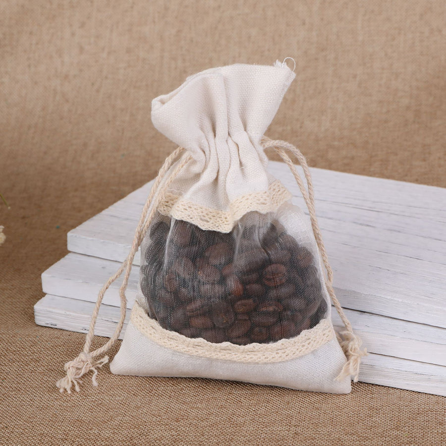 White 10 Pack Linen Canvas Drawstring Gift Bags with Lace Trim and Mesh Window 13x18cm Versatile Pouches for Wedding Favours and Home Storage in Australia