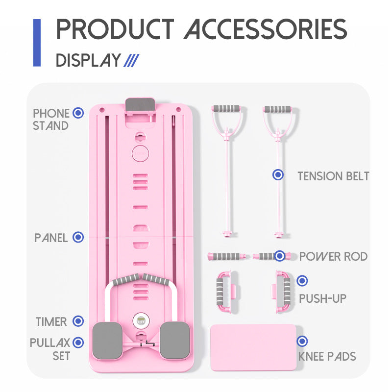 Pink Multi-functional Core Training Board with Digital Timer and Resistance Bands Foldable Fitness Panel for Home Abdominal and Pilates Workouts Solution